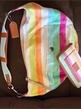 Coach Hamptons Watercolor Canvas Striped Hobo Bag Leather Strap & Hangtag 10022